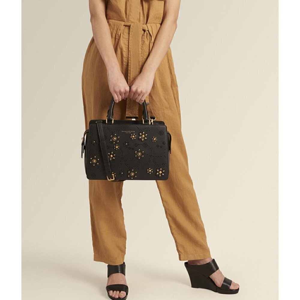 NWT Donna Karan Rina Black Leather Gold Floral Embellished Crossbody Tote Bag - Picture 3 of 9